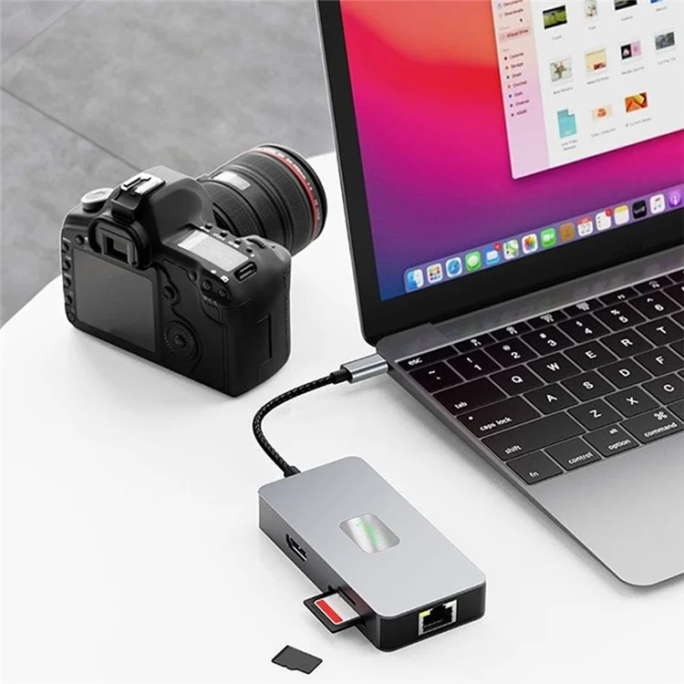Adaptador de concentrador Type-C de 2402 puertos múltiples a 2xUSB 3.2+HD+2xLector de tarjetas+PD 100W+RJ45 2.5Gbps Ethernet