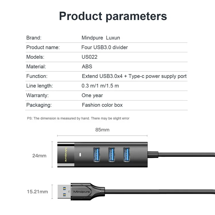 MINDPURE US022 1.5m USB-A a USB 3.0 4-Port Hub Estación de acoplamiento para computadora portátil de transferencia de datos de alta velocidad