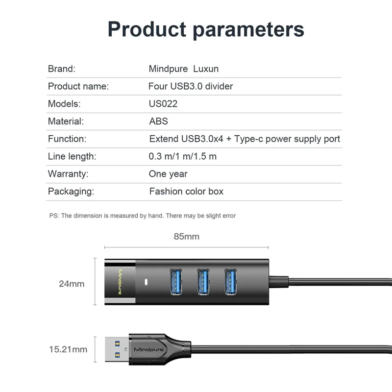 MINDPURE US022 0.3m USB-A to USB 3.0 4-Port Hub High Speed Data Transfer Laptop Docking Station