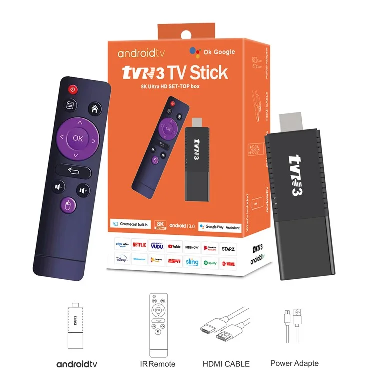 TVR3 Android 13 Streaming Smart TV Stick Quad Core Cortex A53 Support 4K H.265 Netflix Youtube, 1+8GB