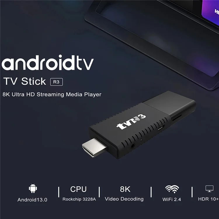 TVR3 Android 13 Streaming Smart TV Stick Quad Core Cortex A53 Support 4K H.265 Netflix Youtube, 1+8GB