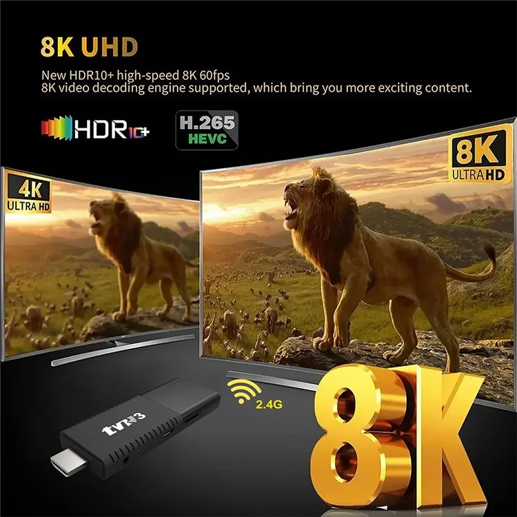TVR3 Android 13 Streaming Smart TV Stick Quad Core Cortex A53 Support 4K H.265 Netflix Youtube, 1+8GB