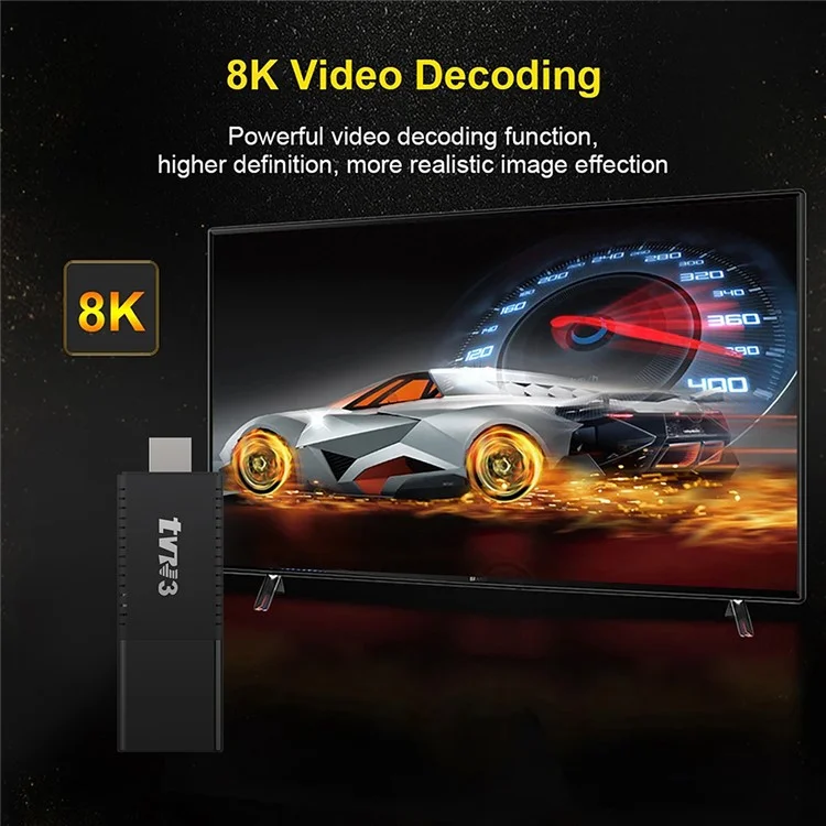 TVR3 Android 13 Streaming Smart TV Stick Quad Core Cortex A53 Support 4K H.265 Netflix Youtube, 1+8GB