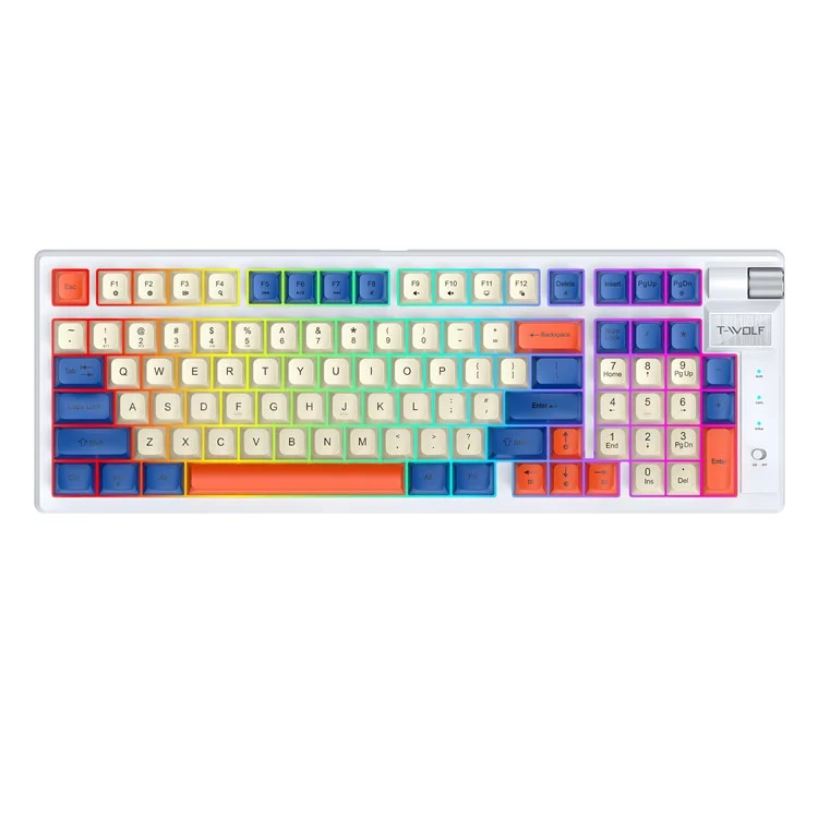 T-WOLF T70 Bluetooth-compatible / Wired / 2.4G Wireless Keyboard RGB Backlit 97-Key Mechanical Keyboard - White+Blue