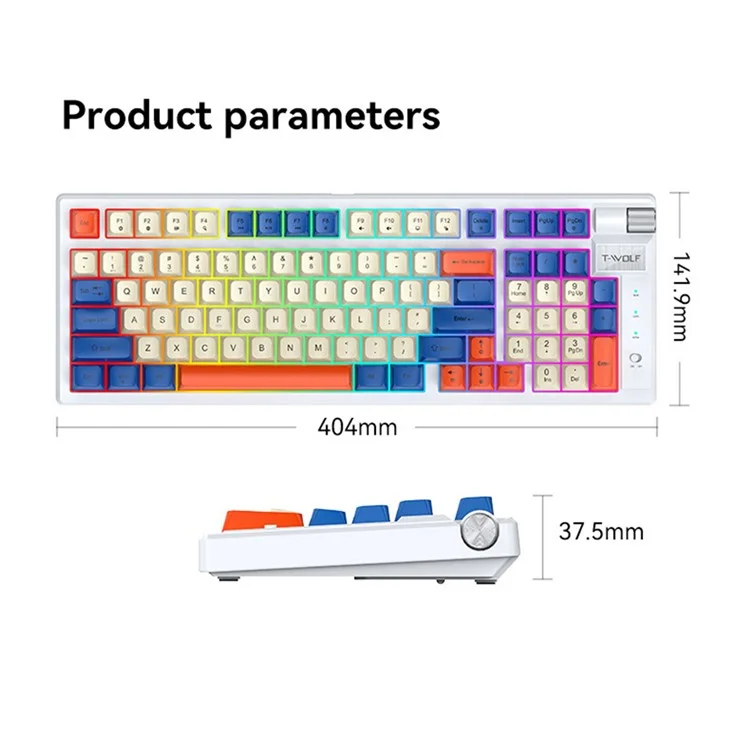T-WOLF T70 Bluetooth-compatible / Wired / 2.4G Wireless Keyboard RGB Backlit 97-Key Mechanical Keyboard - White+Blue