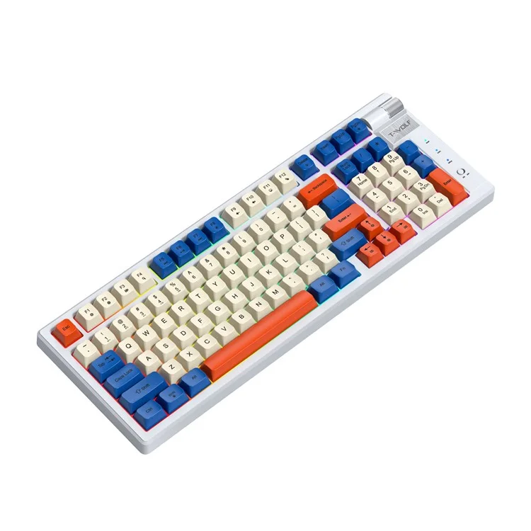 T-WOLF T70 Bluetooth-compatible / Wired / 2.4G Wireless Keyboard RGB Backlit 97-Key Mechanical Keyboard - White+Blue