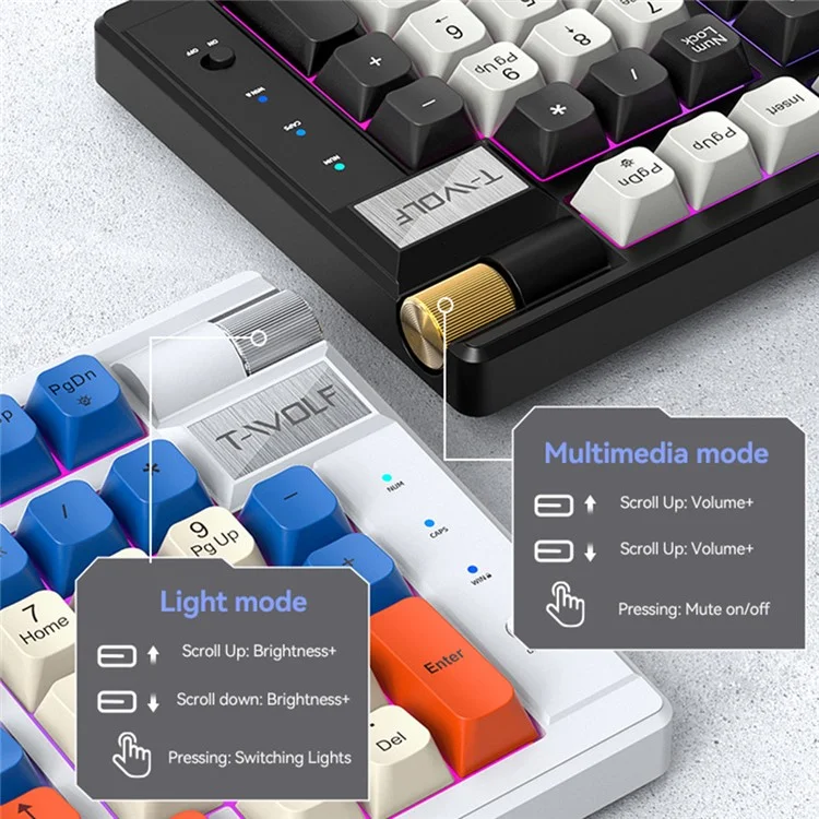 T-WOLF T70 Bluetooth-compatible / Wired / 2.4G Wireless Keyboard RGB Backlit 97-Key Mechanical Keyboard - White+Blue