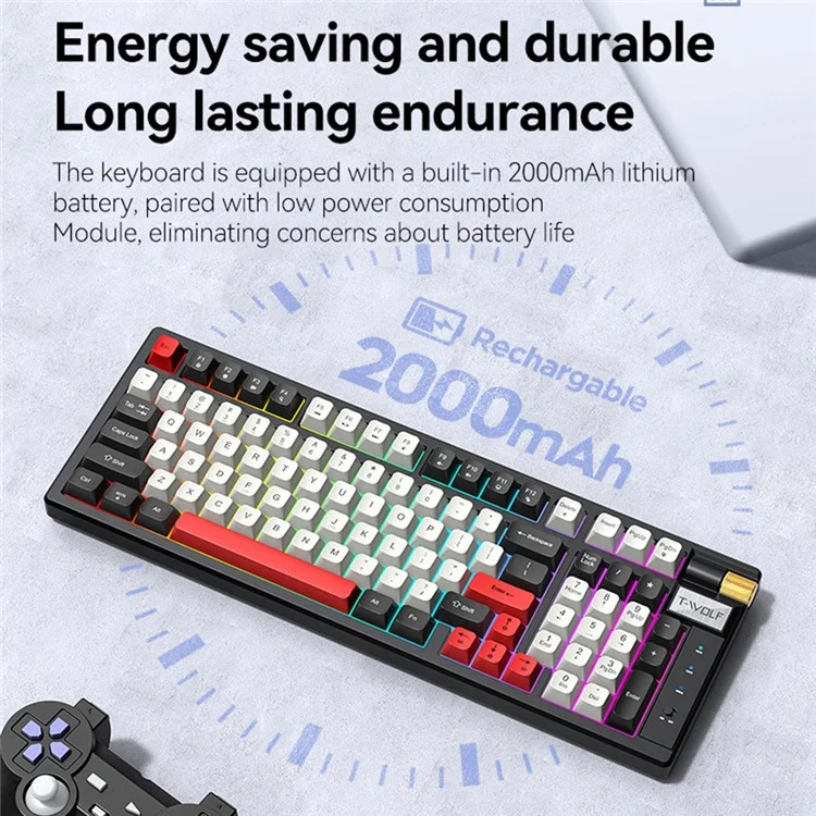 T-WOLF T70 Bluetooth-compatible / Wired / 2.4G Wireless Keyboard RGB Backlit 97-Key Mechanical Keyboard - White+Blue