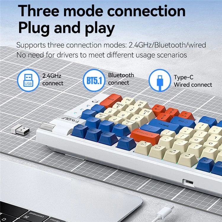 T-WOLF T70 Bluetooth-compatible / Wired / 2.4G Wireless Keyboard RGB Backlit 97-Key Mechanical Keyboard - White+Blue
