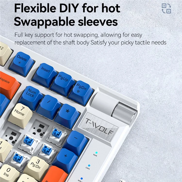 T-WOLF T70 Bluetooth-compatible / Wired / 2.4G Wireless Keyboard RGB Backlit 97-Key Mechanical Keyboard - White+Blue