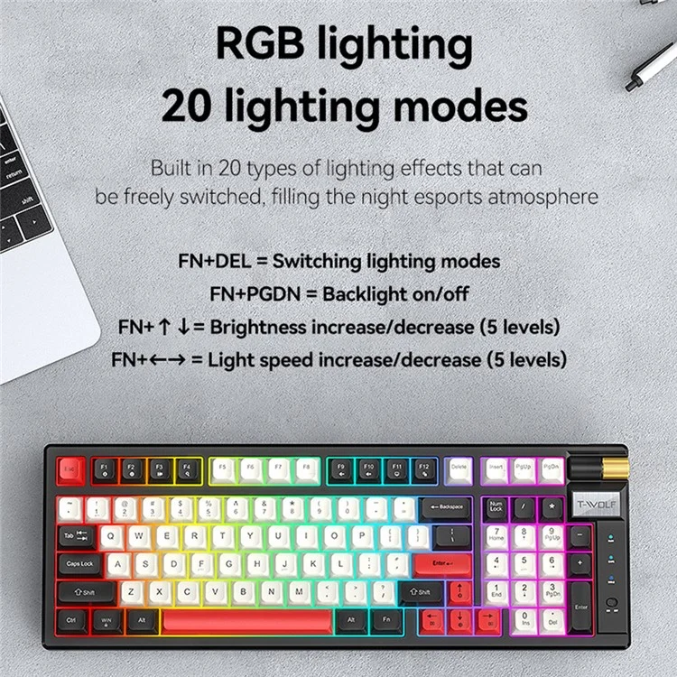 T-WOLF T70 Bluetooth-compatible / Wired / 2.4G Wireless Keyboard RGB Backlit 97-Key Mechanical Keyboard - White+Blue