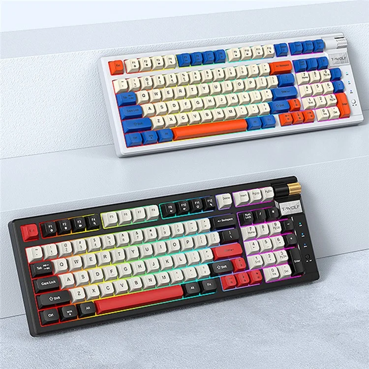 T-WOLF T70 Bluetooth-compatible / Wired / 2.4G Wireless Keyboard RGB Backlit 97-Key Mechanical Keyboard - White+Blue