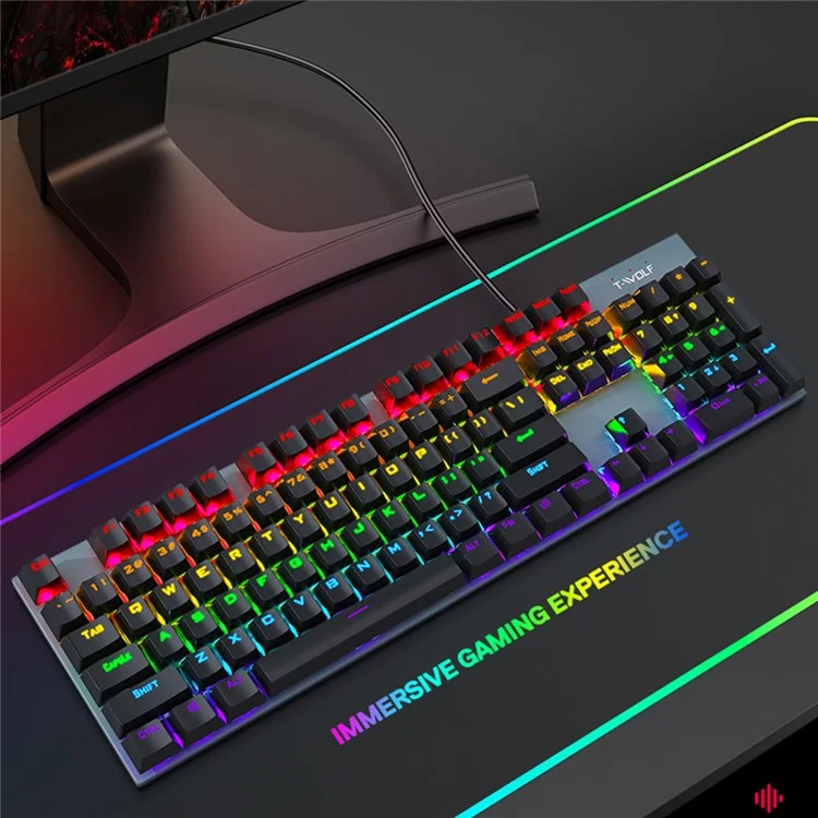 T-WOLF T17 USB Wired Keyboard 104-Key Color Backlit Computer Gaming Mechanical Keyboard