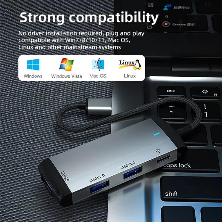 Adaptador de computador portátil MH376 4 em 1 com hub USB USB para 3xUSB3.0 + Porta de Áudio Tipo-C