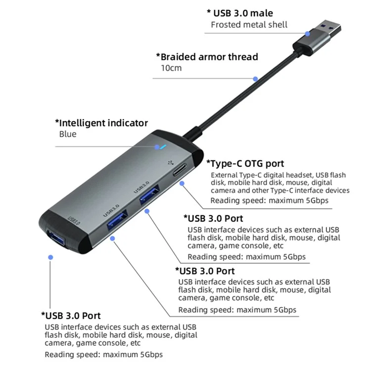 Adaptador de computador portátil MH376 4 em 1 com hub USB USB para 3xUSB3.0 + Porta de Áudio Tipo-C