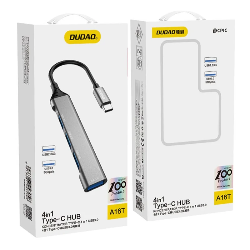 DUDAO A16T 4-Port USB Hub Aluminum Alloy Docking Station, 3x USB 2.0 + 1x USB 3.0 Ports - Type-C Port