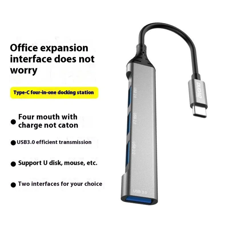 DUDAO A16T 4-Port USB Hub Aluminum Alloy Docking Station, 3x USB 2.0 + 1x USB 3.0 Ports - Type-C Port