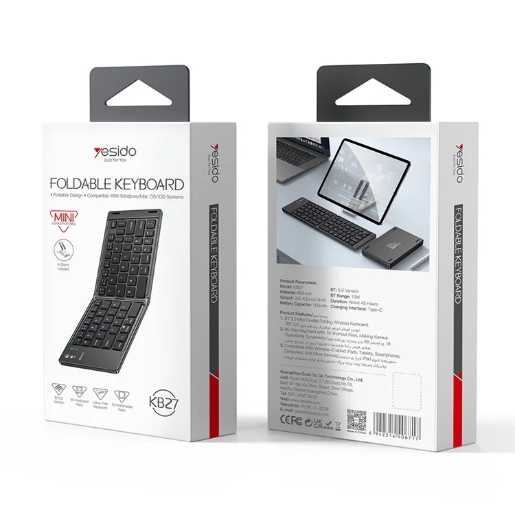 YESIDO KB27 Ultra Slim Mini Two-Fold Bluetooth-compatible Keyboard for Macos Windows Ios, English + Arabic