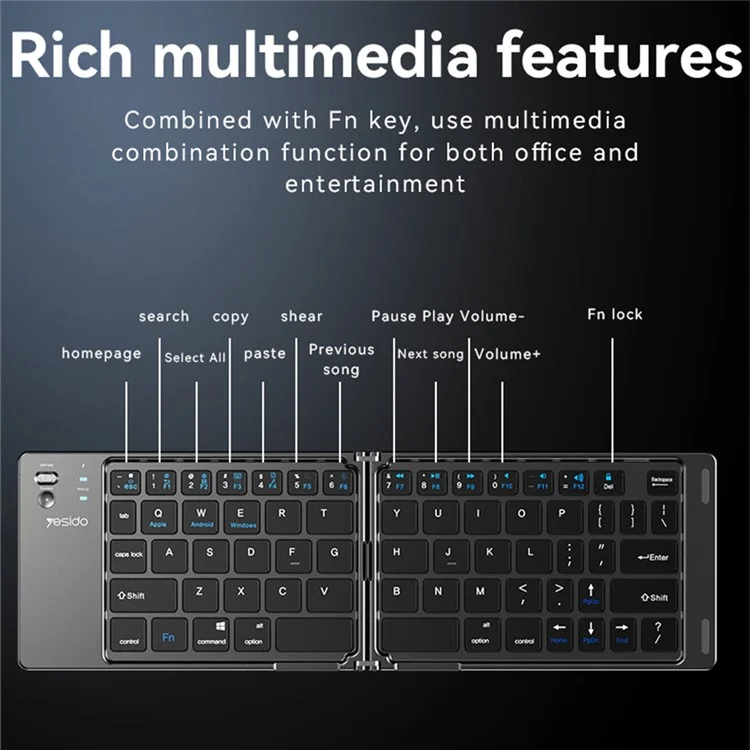 YESIDO KB27 Ultra Slim Mini Two-Fold Bluetooth-compatible Keyboard for Macos Windows Ios, English + Arabic
