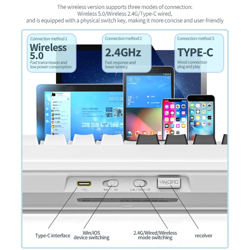YINDIAO Y95 RGB Mechanical Gaming Keyboard Wired / 2.4G Wireless / Bluetooth-compatible 95 Keys Computer Keyboard - Blue
