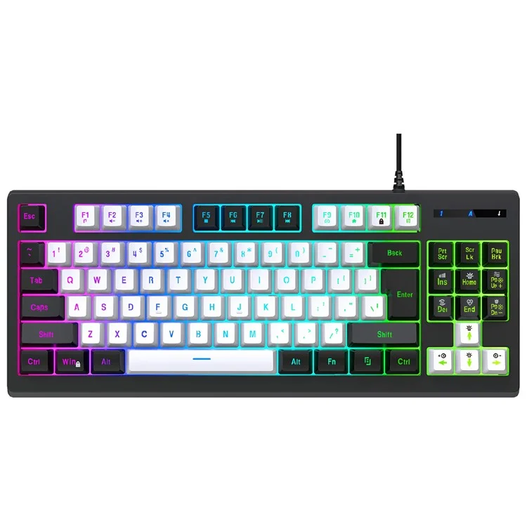 Teclado mecánico para juegos Y-FRUITFUL G69 de 87 teclas con retroiluminación RGB, con sensación de teclado mecánico, USB con cable, para esports - Negro y blanco