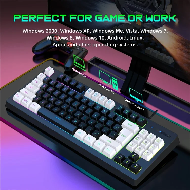 Teclado mecánico para juegos Y-FRUITFUL G69 de 87 teclas con retroiluminación RGB, con sensación de teclado mecánico, USB con cable, para esports - Negro y blanco