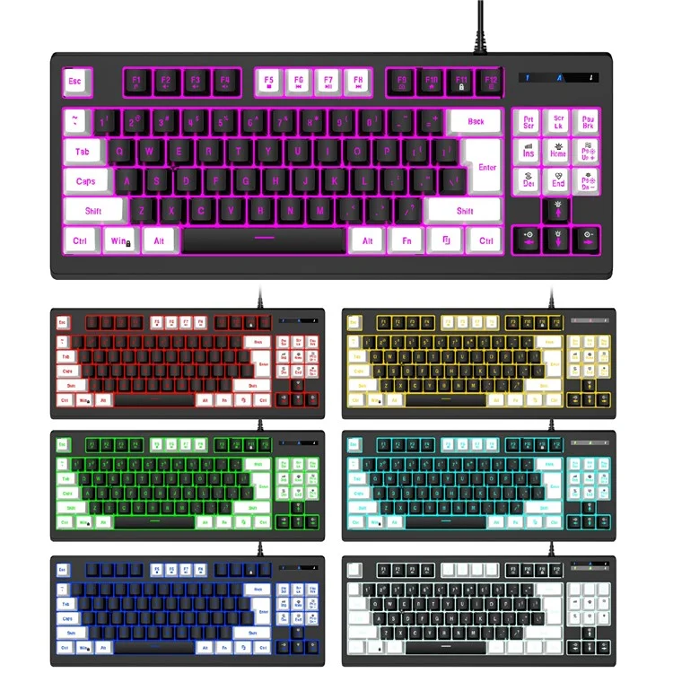 Teclado mecánico para juegos Y-FRUITFUL G69 de 87 teclas con retroiluminación RGB, con sensación de teclado mecánico, USB con cable, para esports - Negro y blanco