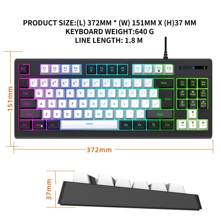 Teclado mecánico para juegos Y-FRUITFUL G69 de 87 teclas con retroiluminación RGB, con sensación de teclado mecánico, USB con cable, para esports - Negro y blanco
