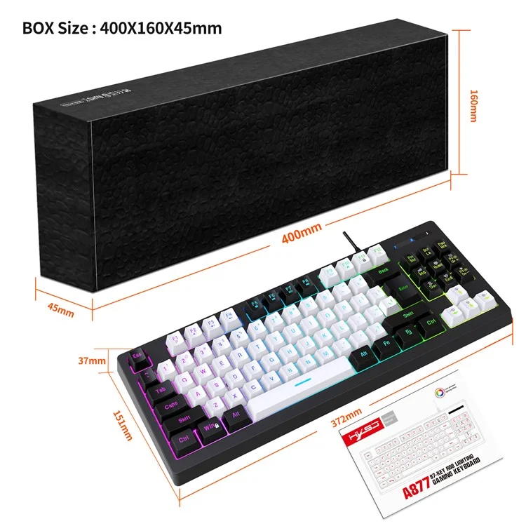 Teclado mecánico para juegos Y-FRUITFUL G69 de 87 teclas con retroiluminación RGB, con sensación de teclado mecánico, USB con cable, para esports - Negro y blanco