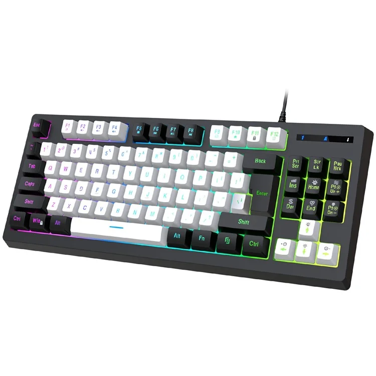 Teclado mecánico para juegos Y-FRUITFUL G69 de 87 teclas con retroiluminación RGB, con sensación de teclado mecánico, USB con cable, para esports - Negro y blanco