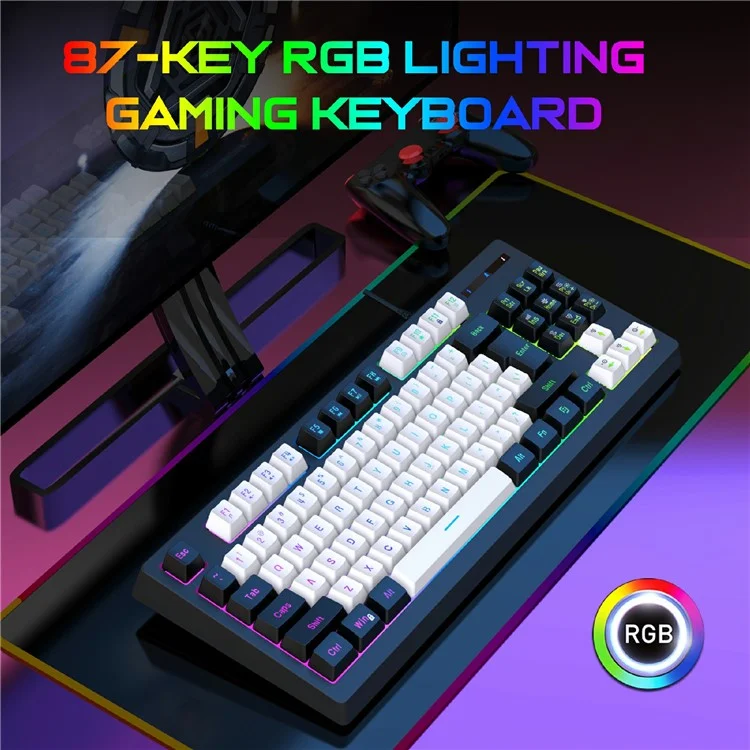 Teclado mecánico para juegos Y-FRUITFUL G69 de 87 teclas con retroiluminación RGB, con sensación de teclado mecánico, USB con cable, para esports - Negro y blanco