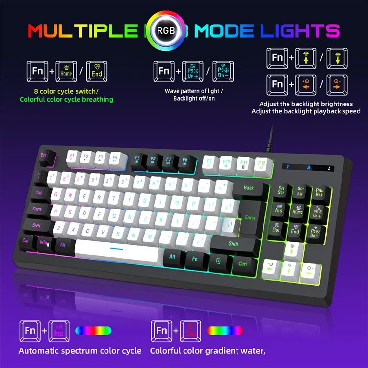 Teclado mecánico para juegos Y-FRUITFUL G69 de 87 teclas con retroiluminación RGB, con sensación de teclado mecánico, USB con cable, para esports - Negro y blanco