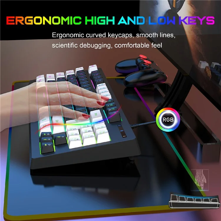 Teclado mecánico para juegos Y-FRUITFUL G69 de 87 teclas con retroiluminación RGB, con sensación de teclado mecánico, USB con cable, para esports - Negro y blanco
