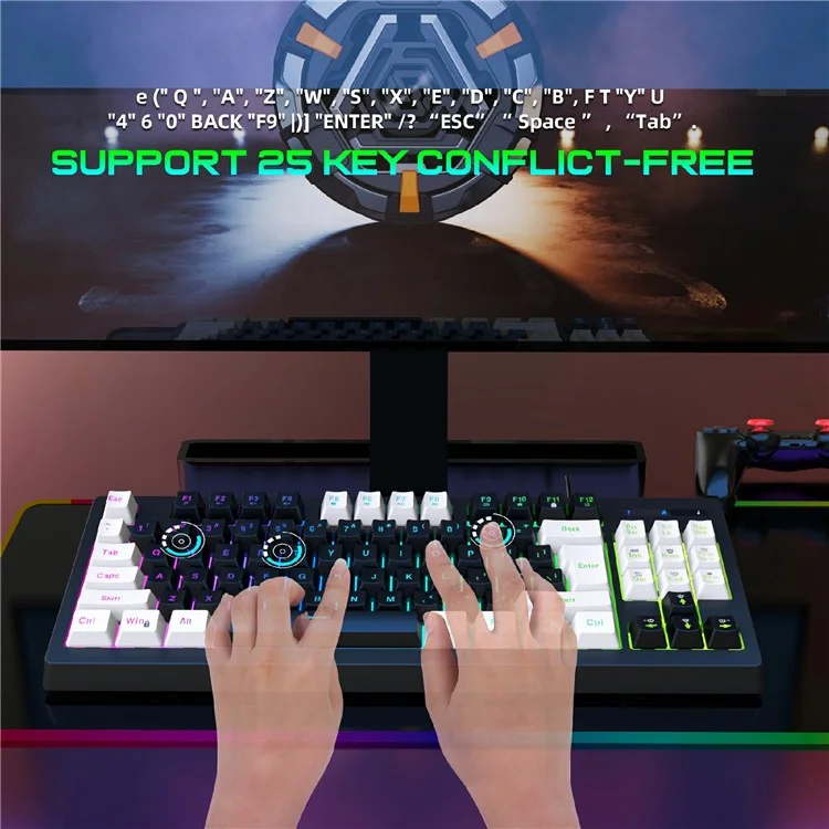 Teclado mecánico para juegos Y-FRUITFUL G69 de 87 teclas con retroiluminación RGB, con sensación de teclado mecánico, USB con cable, para esports - Negro y blanco