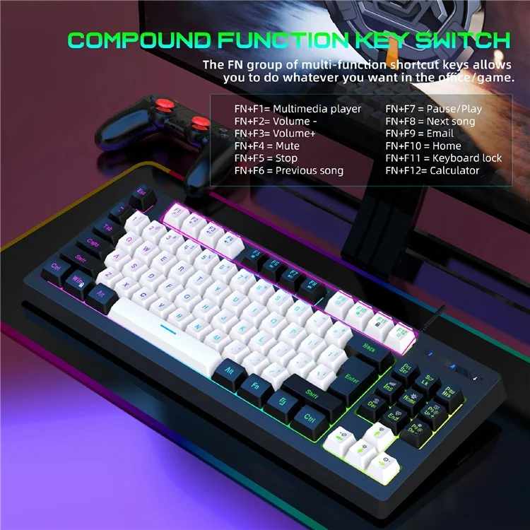 Teclado mecánico para juegos Y-FRUITFUL G69 de 87 teclas con retroiluminación RGB, con sensación de teclado mecánico, USB con cable, para esports - Negro y blanco