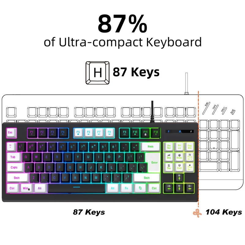 Y-FRUITFUL G69 Gaming Mechanical Feel Keyboard 87 Keys RGB Backlit USB Wired Esports Keyboard - White+Black