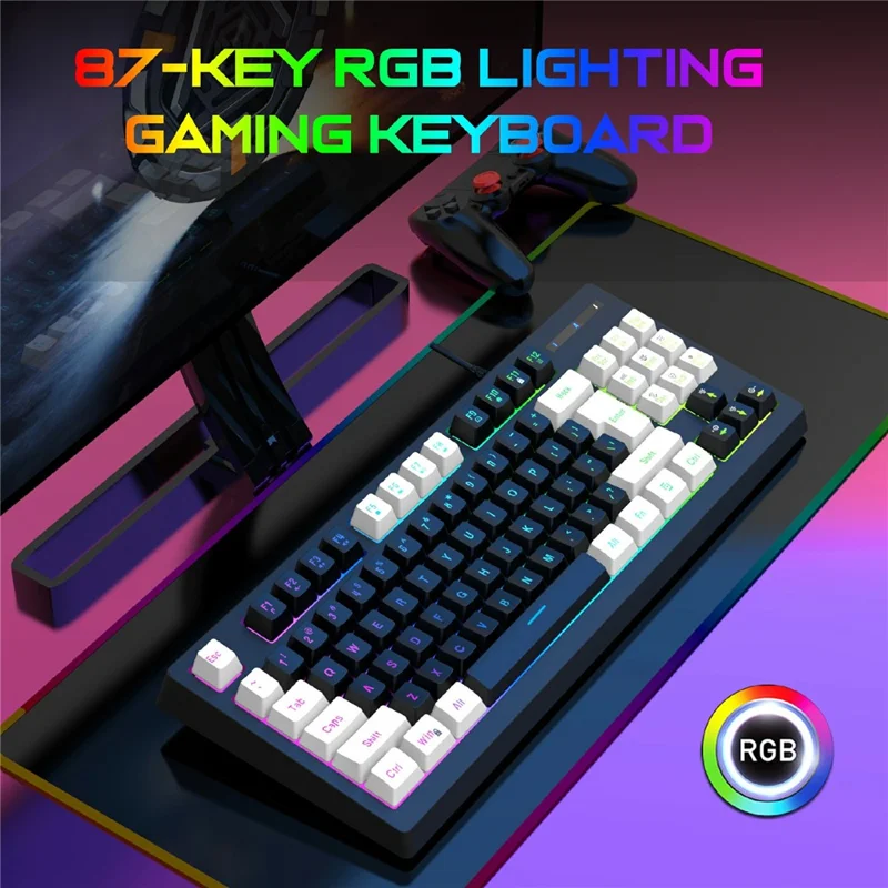 Y-FRUITFUL G69 Gaming Mechanical Feel Keyboard 87 Keys RGB Backlit USB Wired Esports Keyboard - White+Black