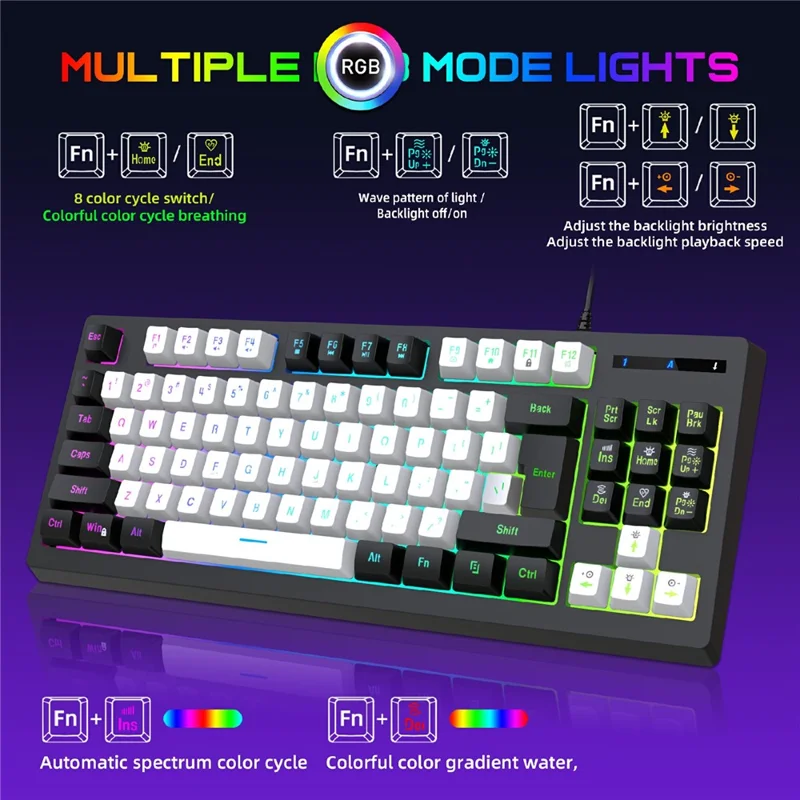 Y-FRUITFUL G69 Gaming Mechanical Feel Keyboard 87 Keys RGB Backlit USB Wired Esports Keyboard - White+Black