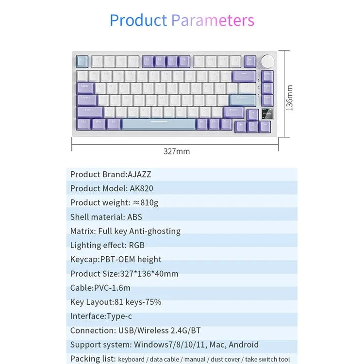 AJAZZ AK820pro Teclado mecánico inalámbrico Bluetooth Tri-Mode con interruptores Flying Fish, 81 teclas, teclado retroiluminado RGB - Negro / Gris / Amarillo