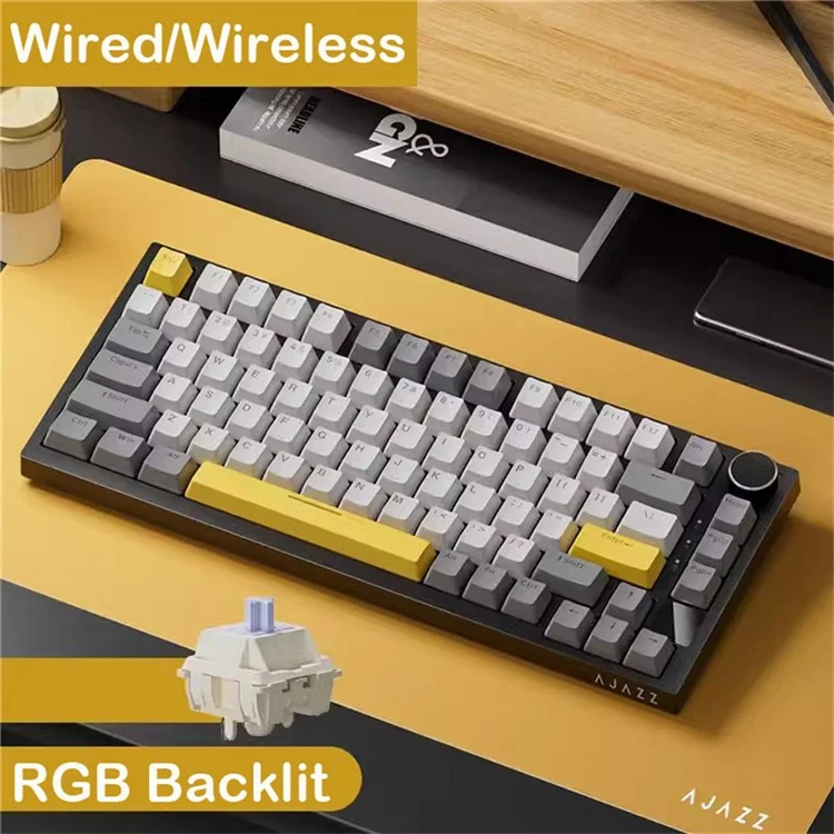 AJAZZ AK820pro Teclado mecánico inalámbrico Bluetooth Tri-Mode con interruptores Flying Fish, 81 teclas, teclado retroiluminado RGB - Negro / Gris / Amarillo