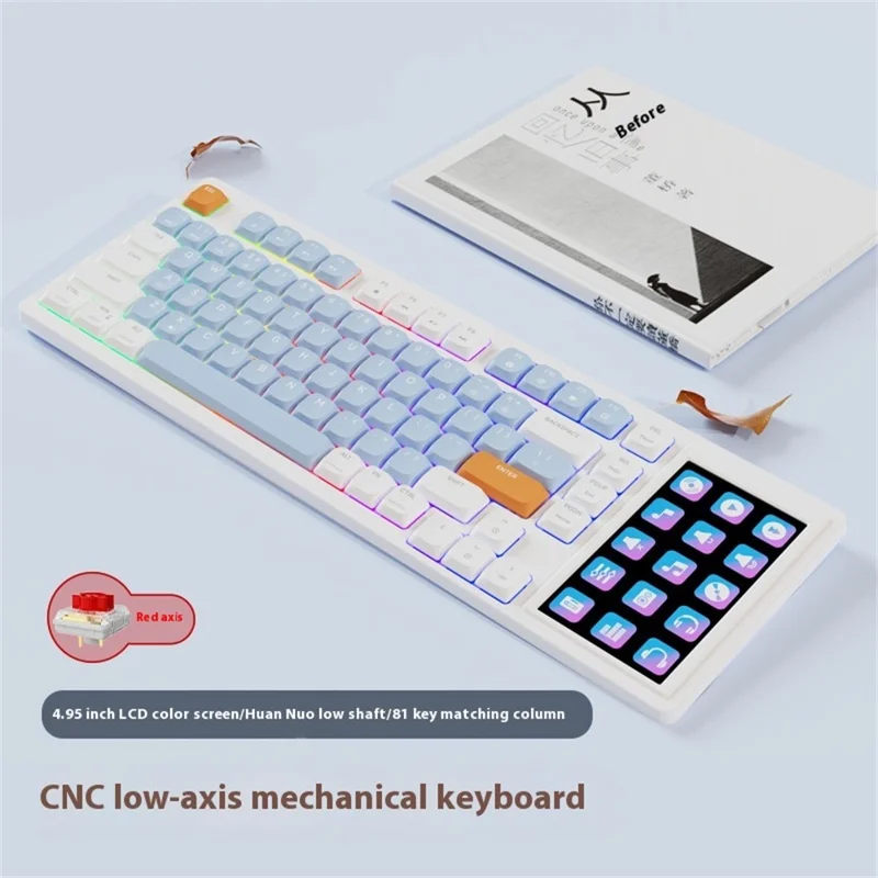 AJAZZ AKP815 81 Keys Low Profile Mechanical Keyboard with 4.95 Inch LCD Color Screen RGB Light Wired Keyboard - Red Switch / White+Blue+Orange