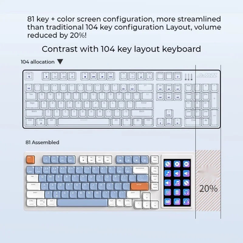 AJAZZ AKP815 81 Keys Low Profile Mechanical Keyboard with 4.95 Inch LCD Color Screen RGB Light Wired Keyboard - Red Switch / White+Blue+Orange