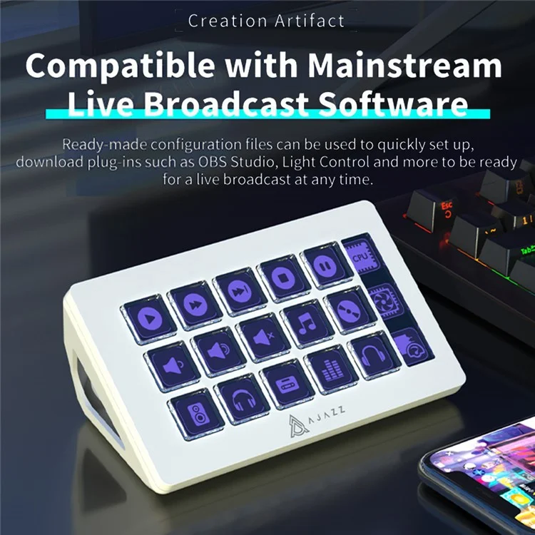 AJAZZ AKP153E Desktop Assistant Console Panel Custom Programming Intelligent Display 15 Keys Mini Keyboard - White