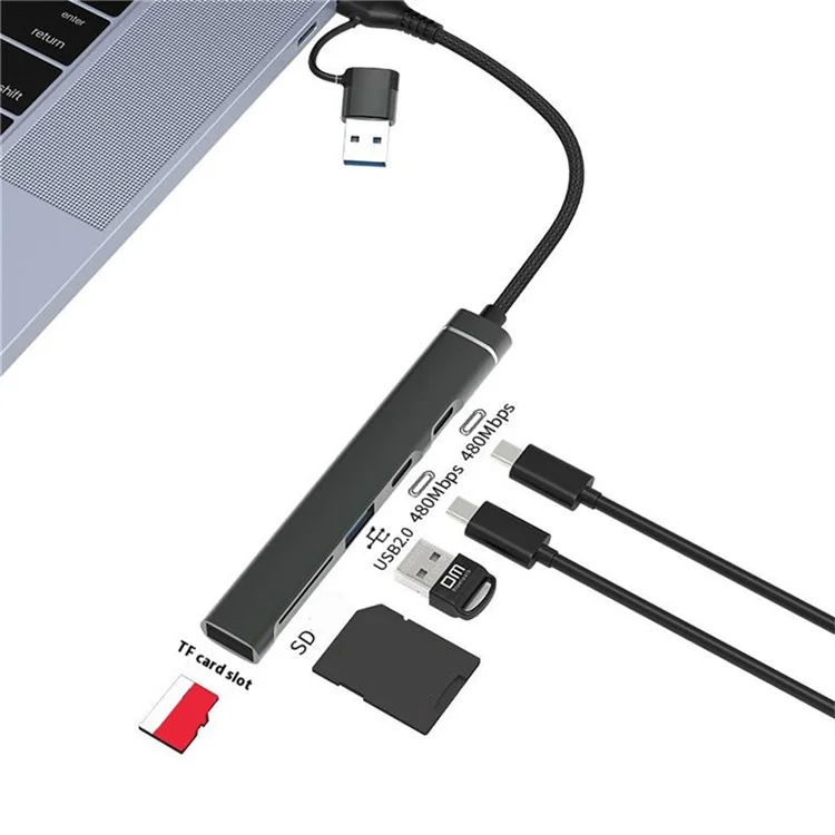 CHB025S USB-C Hub USB-A Multiport Docking Station with USB 2.0, 2xUSB-C SD / TF Card Reader for Laptop / PC