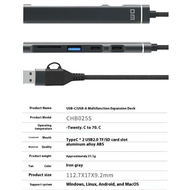 CHB025S USB-C Hub USB-A Multiport Docking Station with USB 2.0, 2xUSB-C SD / TF Card Reader for Laptop / PC
