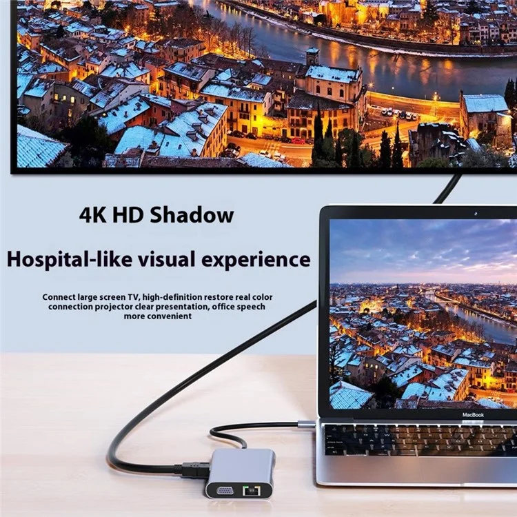 CHB065 11 in 1 Type-C Hub HD VGA Dual Display 4K 30Hz Gigabit Ethernet 4 USB 3.0 Ports PD Charging Adapter