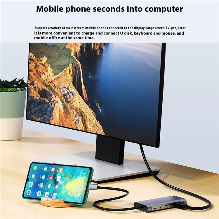 CHB065 11 in 1 Type-C Hub HD VGA Dual Display 4K 30Hz Gigabit Ethernet 4 USB 3.0 Ports PD Charging Adapter