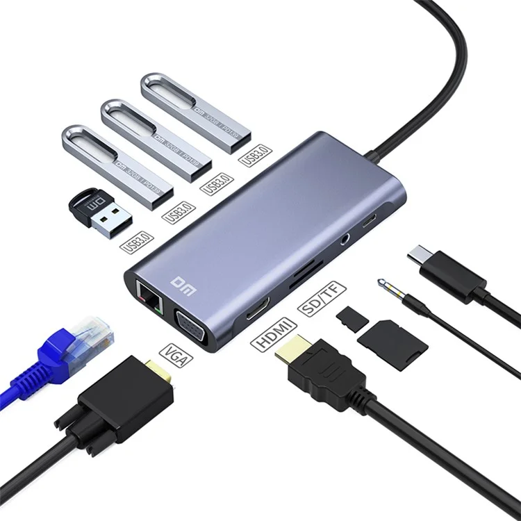 CHB065 11 in 1 Type-C Hub HD VGA Dual Display 4K 30Hz Gigabit Ethernet 4 USB 3.0 Ports PD Charging Adapter