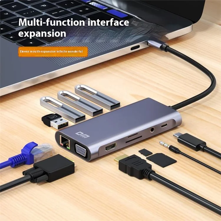 CHB065 11 in 1 Type-C Hub HD VGA Dual Display 4K 30Hz Gigabit Ethernet 4 USB 3.0 Ports PD Charging Adapter