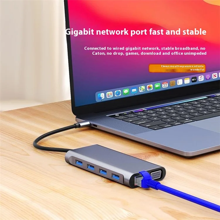 CHB065 11 in 1 Type-C Hub HD VGA Dual Display 4K 30Hz Gigabit Ethernet 4 USB 3.0 Ports PD Charging Adapter
